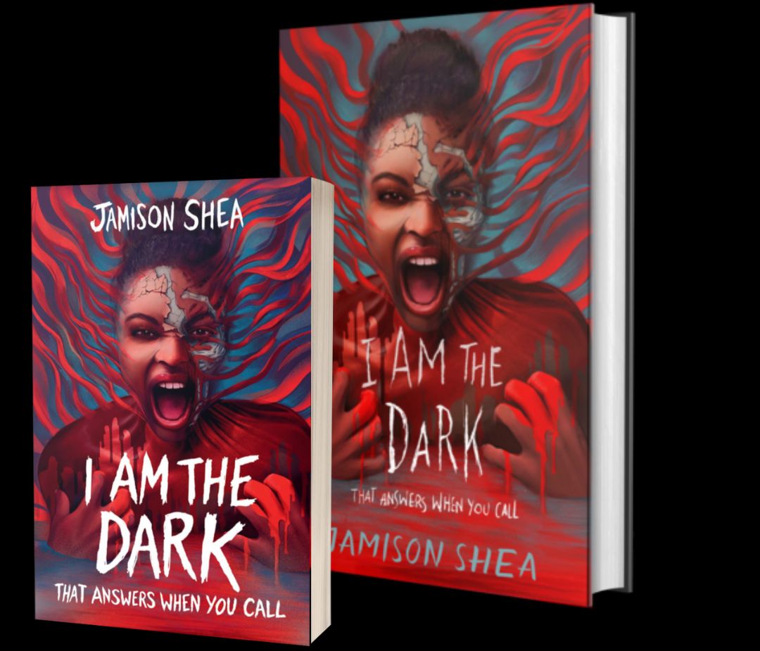 A cluster of two book covers, for I Am The Dark That Answers When You Call by Jamison Shea. The covers have a colorful illustration of a Black girl screaming as she transforms into a monster hiding beneath her skin.