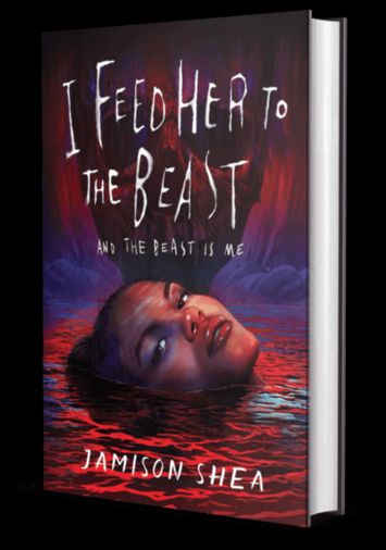 Cover for I Feed Her to the Beast and the Beast is Me. An illustration of a Black girl gazing unabashed at the viewer while floating in a river of blood.